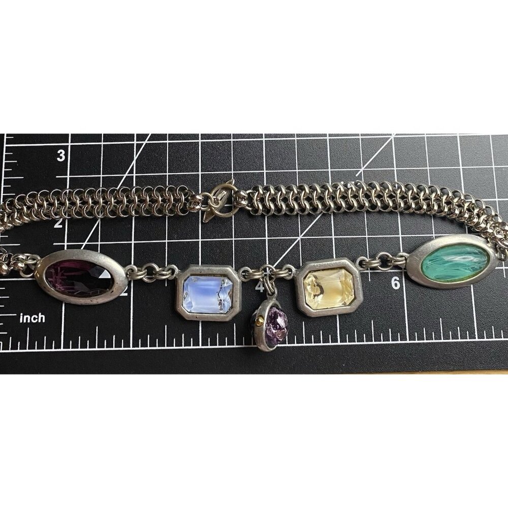 Chainmail Choker Bold Faceted Glass Bezel Gems Silver Tone Toggle 16" Necklace - Picture 9 of 9
